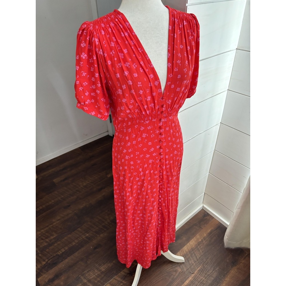 Faithfull The Brand Dress Womens XS Red Floral V Neck Puff Sleeve Maxi Sundress - Picture 2 of 7